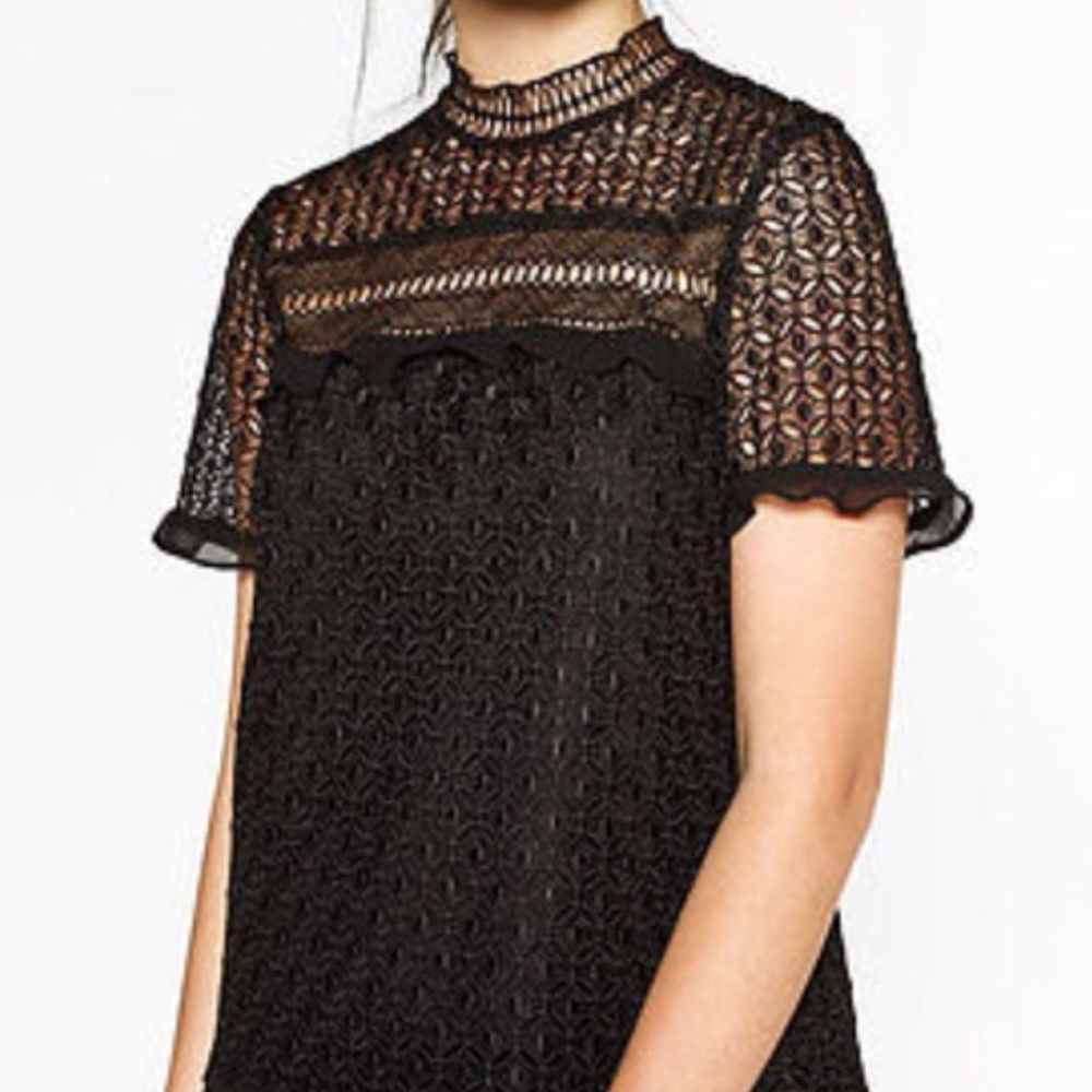 Zara Black Guipure Mock neck blouse